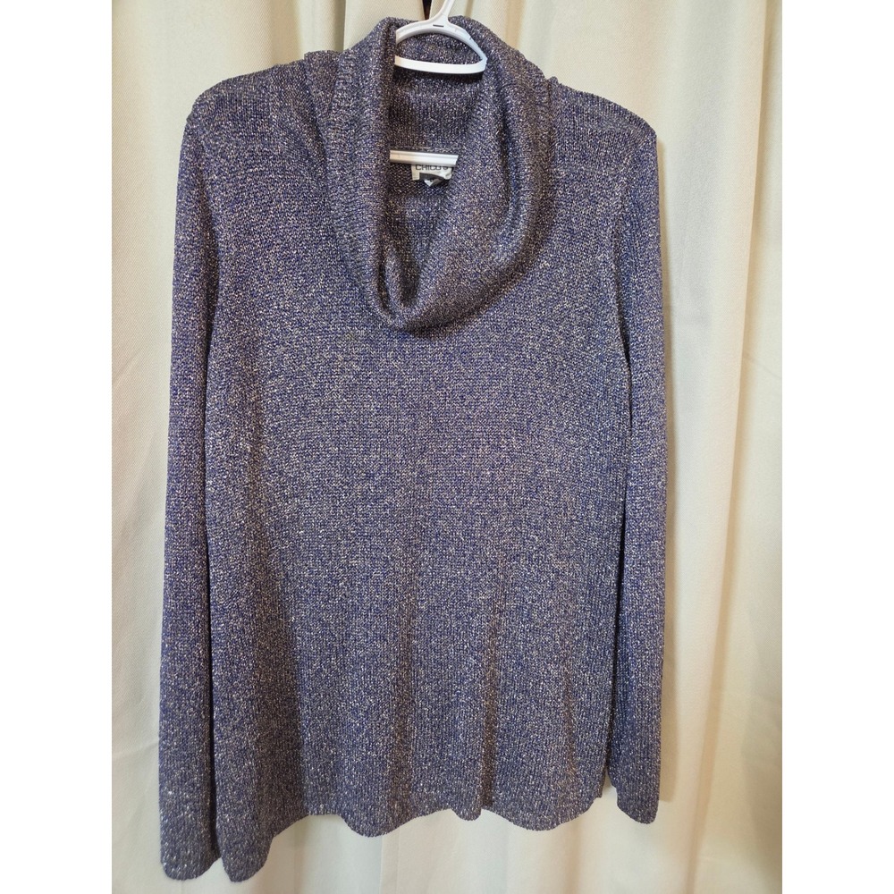 Chico's Blue Metallic Cowl Neck Knit Sweater Size 2 Large Long Sleeve Shimmer